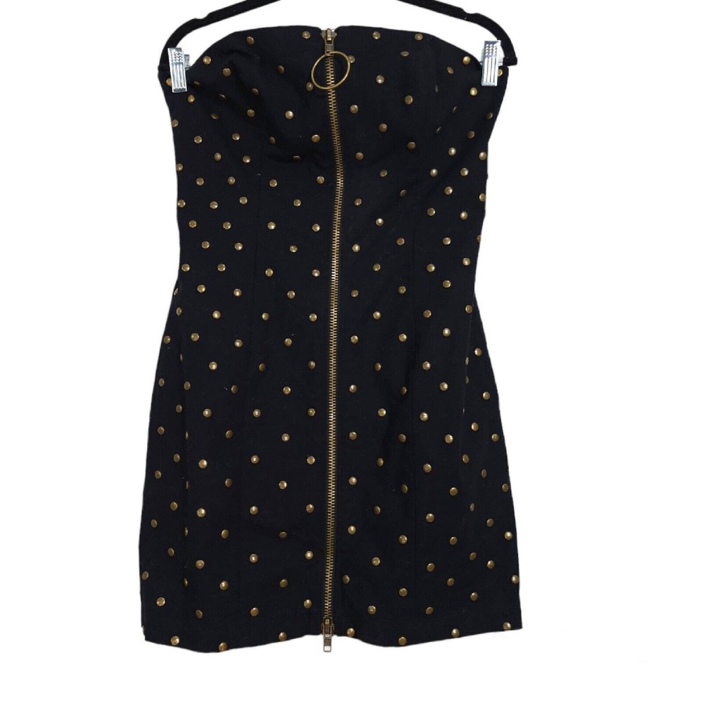 Vtg Betsey Johnson Womens Dress Black Denim Studded Zip Strapless Y2K 90s Sz 4 S - Picture 3 of 10